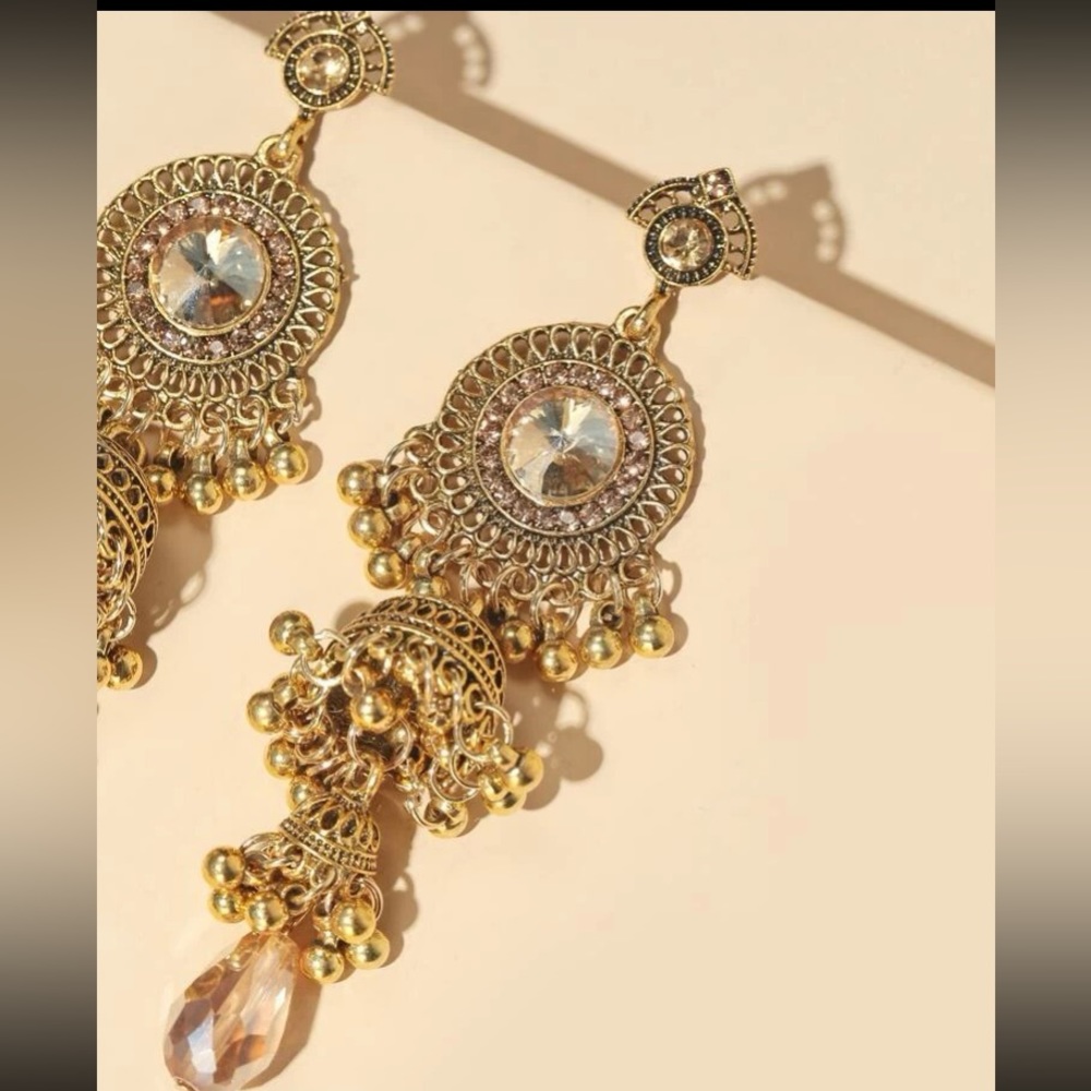 Golden Gilded Goddess Exotic Jhumka Ball Linear Statement Linear Dangle … - Picture 7 of 8